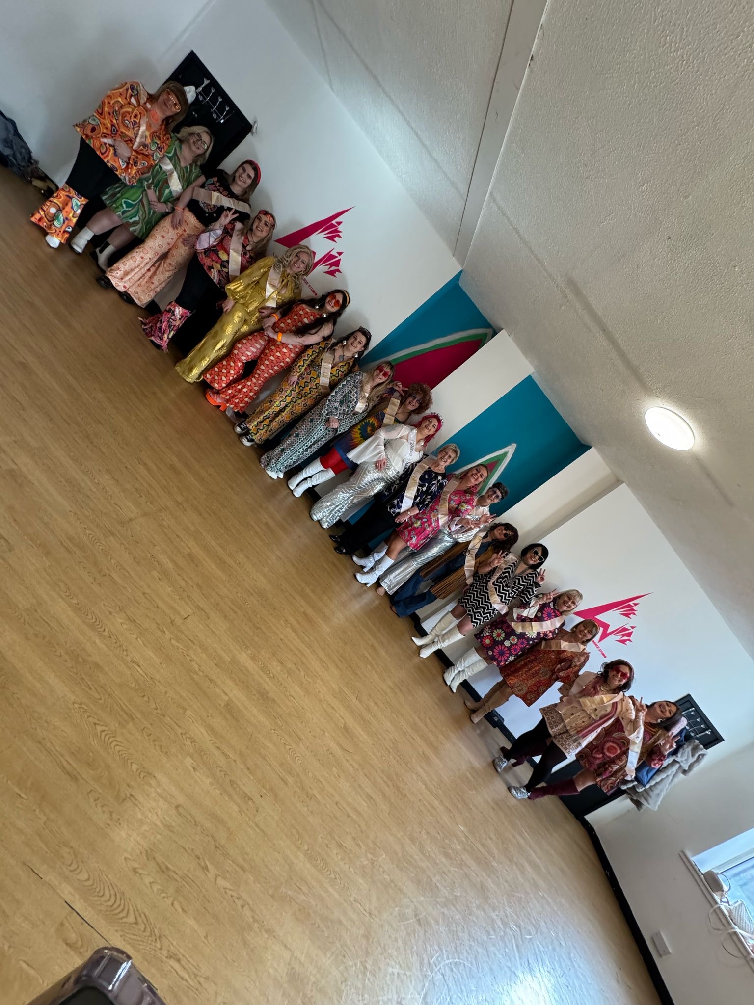 ABBA themed hen do dance class Leeds - hen party group in disco outfits with professional instructor