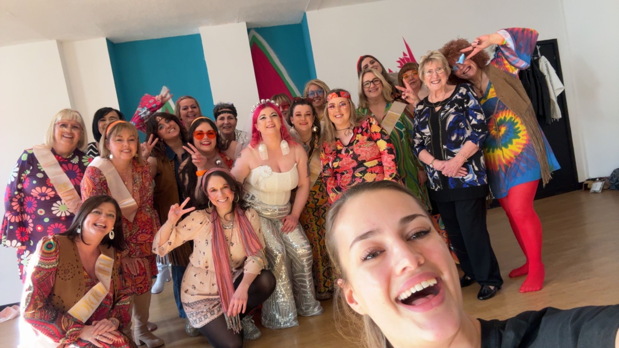 ABBA hen party dance class Leeds - group of women performing Dancing Queen routine in city centre studio
